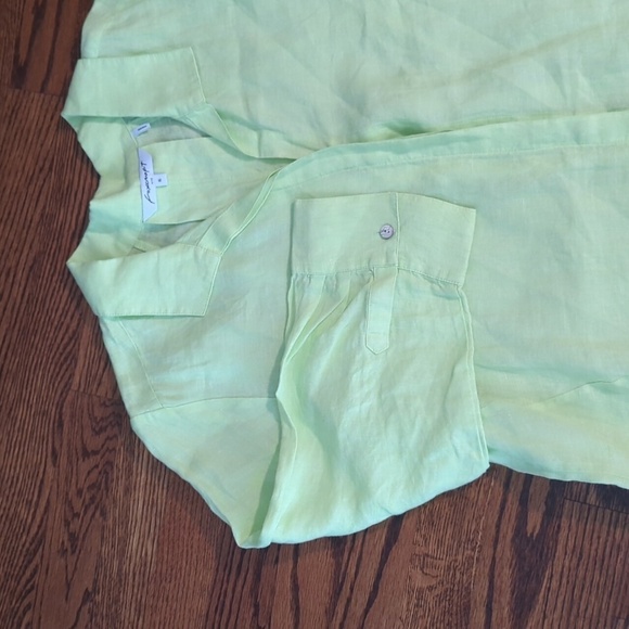 Foxcroft 100% linen lagenlook flowy button front long lime green tunic top Sz 16 - Picture 6 of 8